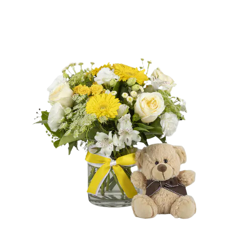 New Baby Teddy Bear and Flowers - Neutral